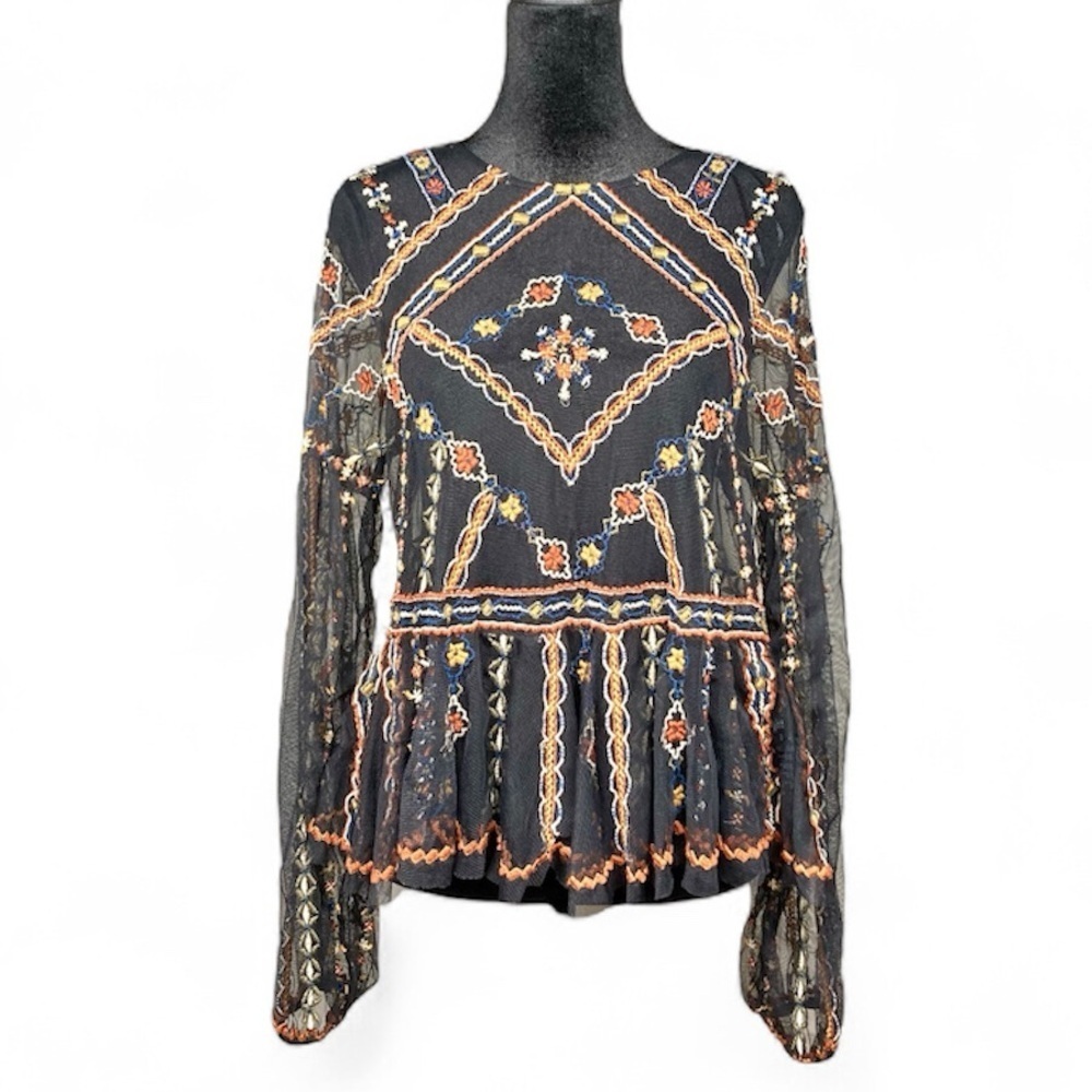 Free People Give A Little Mesh Top Embroidered Black Size Small​​​ - Picture 9 of 10